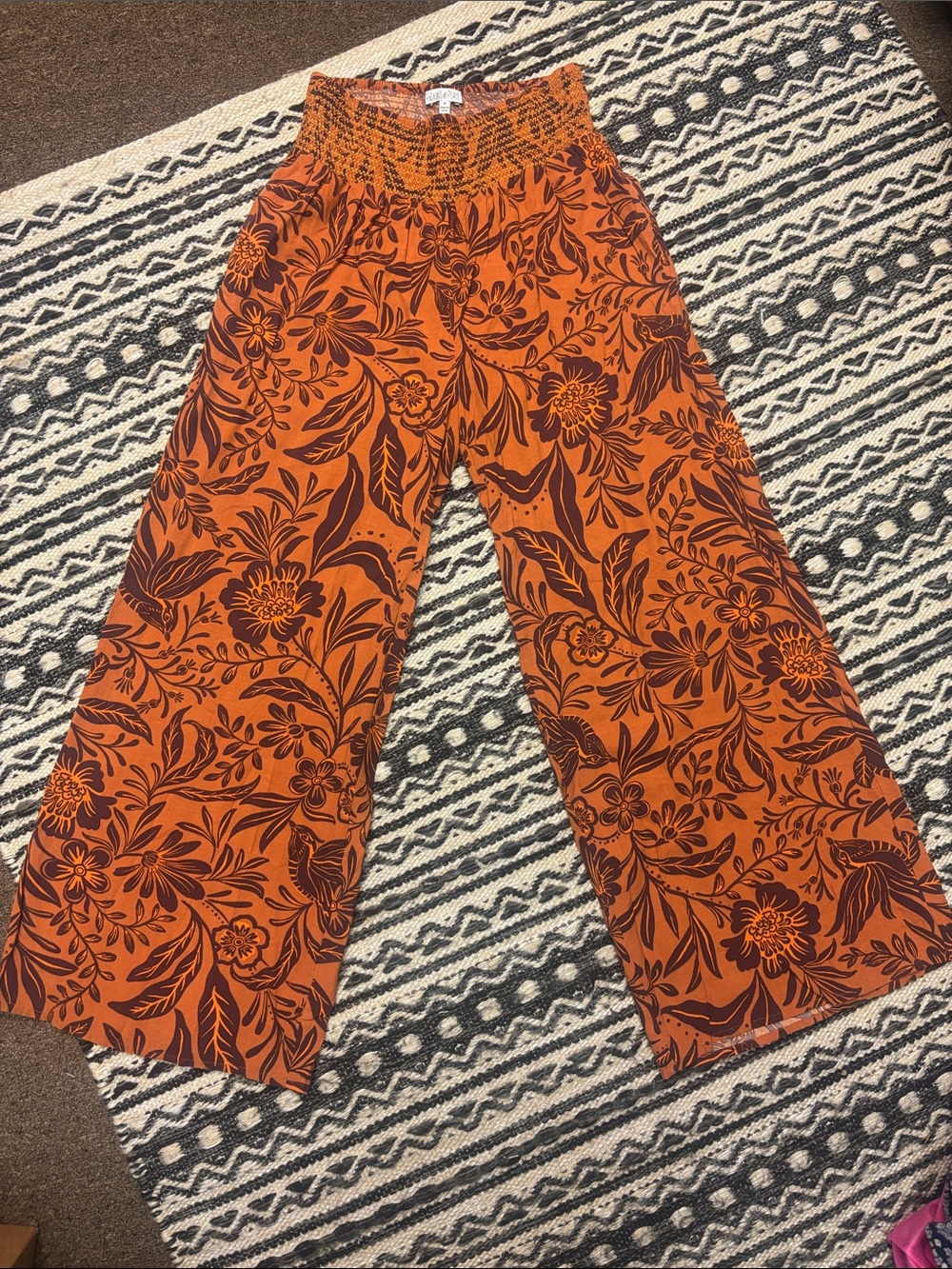 Patrons of Peace Smocked Waist Wide Leg Pants - Orange & Dark Burgundy
